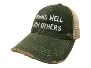 "Drinks Well with Others" Retro Brand Green Distressed Mesh Snapback Hat Cap