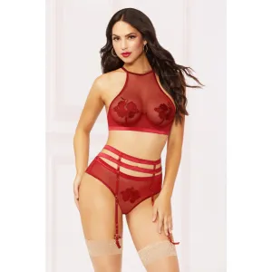 Applique & Mesh Bra Set - Small - Burgundy