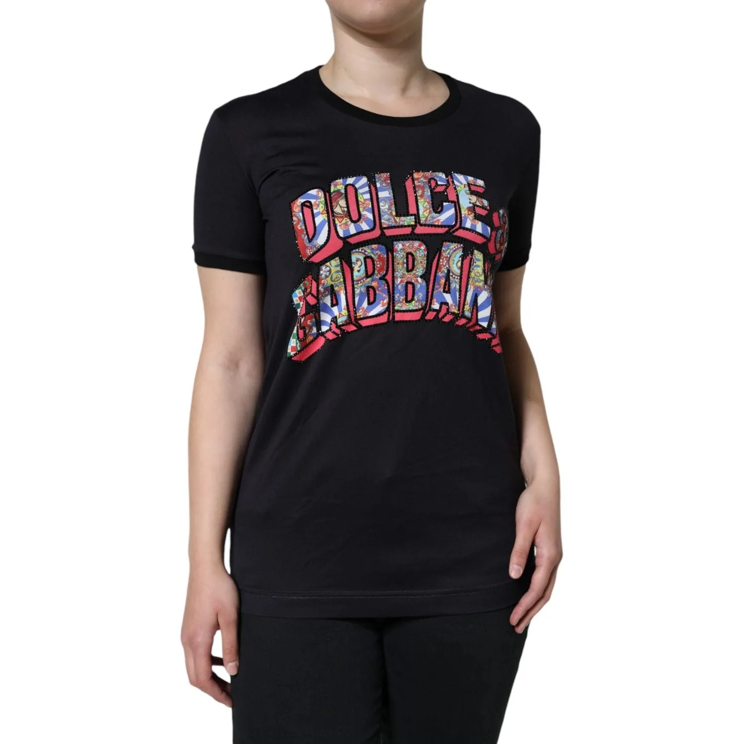 Dolce & Gabbana Black Cotton Logo Print Round Neck T-shirt