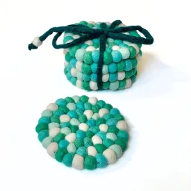 Felt Ball Coasters Teal Cream - Set of 4