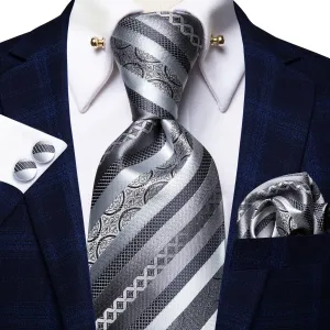 Hi-Tie Silver Grey Novelty Striped Tie Hanky Cufflinks Set Collar Pin