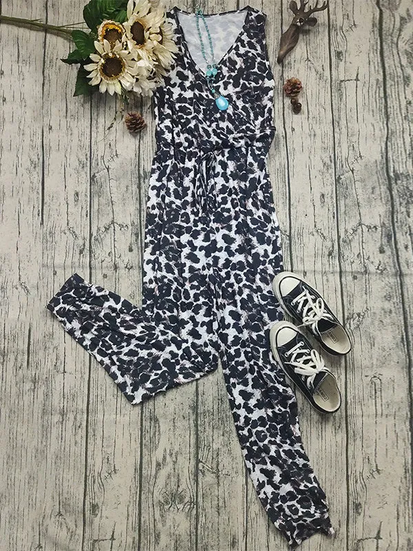 Loose Sleeveless Drawstring Elasticity Leopard V-Neck Jumpsuits Pajamas