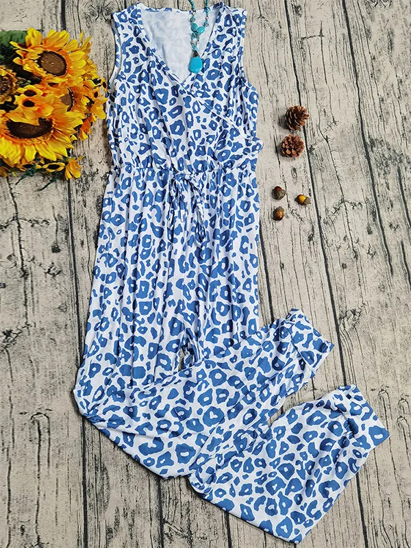 Loose Sleeveless Drawstring Elasticity Leopard V-Neck Jumpsuits Pajamas