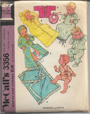 McCalls 3356 Baby Layette Nightgown Bunting Pajamas Vintage Sewing Pattern 1970s