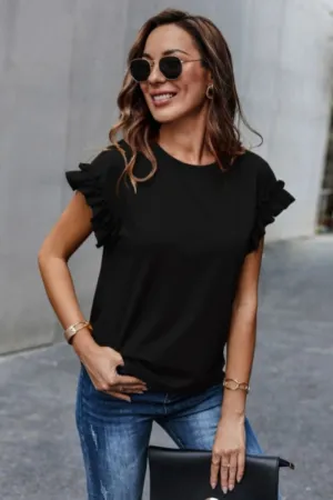 Ruffle Sleeve Round Neck Basic Top