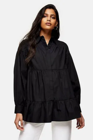 Tiered Poplin Shirt  In Black